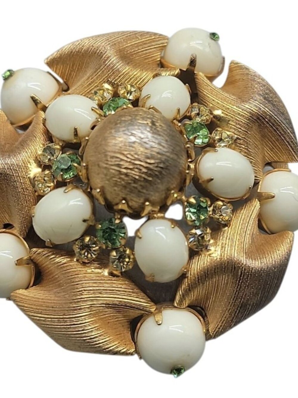 Vintage Alice Caviness Brooch Gold Tone White Milk Glass Green Rhinestone Pin